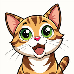 A wide-eyed tabby kitten with its mouth open in a happy expression looks upwards a white background