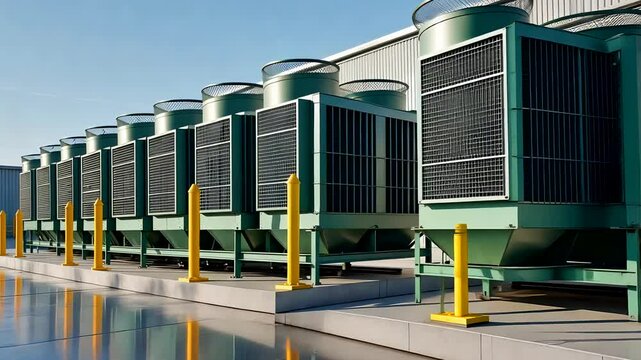 Row of Industrial HVAC Cooling Units Outside Large Facility Under Blue Sky