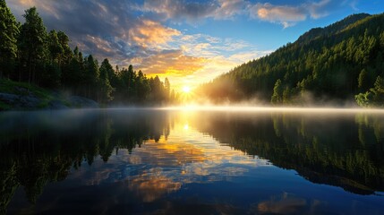 Serene mountain lake at sunrise with mist rising over calm water, pine trees reflected perfectly, peaceful early morning landscape