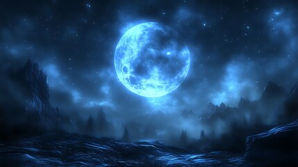 Fototapeta premium Blue moon over misty, mountainous landscape.