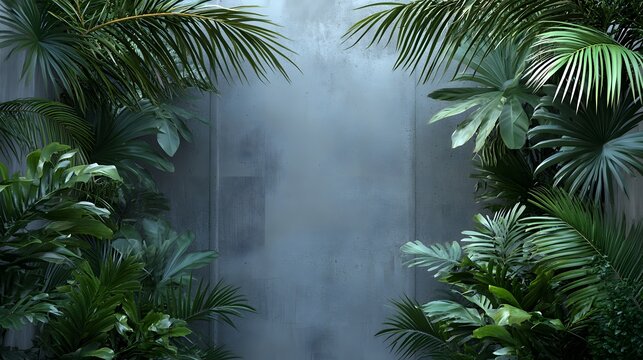 Lush tropical plants frame a muted gray wall.