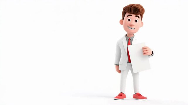 3d animation cartoon businessman wearing suite tie holding paper contract business white background space for copy text invoice finance