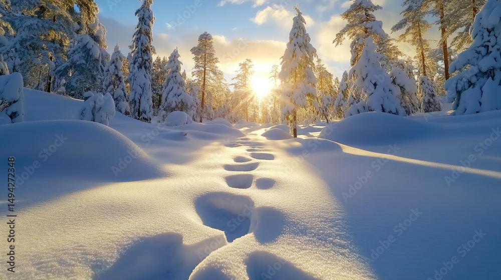 Poster snow-covered pine forest with soft golden sunlight filtering through, winter wonderland scene with f