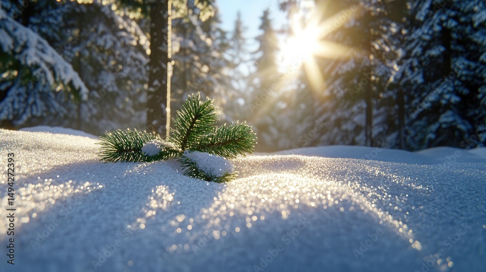 Poster snow-covered pine forest with soft golden sunlight filtering through, winter wonderland scene with f