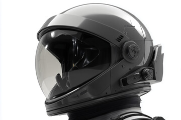 Sleek black futuristic astronaut helmet with dark visor and high-tech details, side profile view isolated on white background.