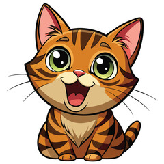 A wide-eyed tabby kitten with its mouth open in a happy expression looks upwards a white background