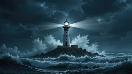 Lighthouse Illuminated During Stormy Night with Dark Clouds and Rough Ocean Waves in Coastal Scene