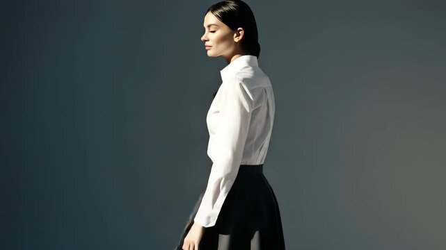 Elegant model in white and black standing against solid blue backdrop