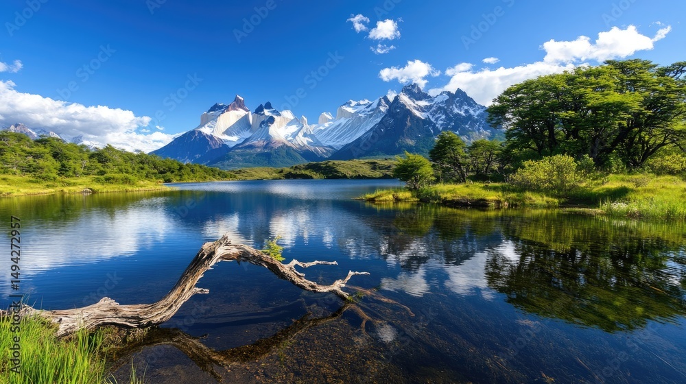 Poster tranquil lake surrounded by towering snow-capped mountains, clear reflections and soft natural light