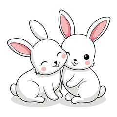 Two adorable white baby rabbits cuddle closely against a white background, one nuzzling the other's cheek a white background
