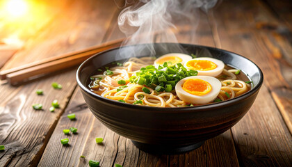 Steaming bowl of ramen with egg and scallions on wooden table