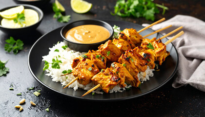 Plate of halal chicken satay with peanut sauce and rice cake
