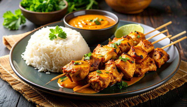 Plate of halal chicken satay with peanut sauce and rice cake