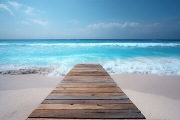 Fototapeta premium Wooden Pier Leading To Turquoise Ocean Waves At Beach