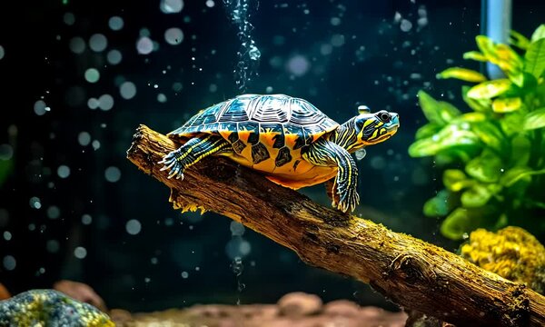 A vibrant turtle rests on a weathered log underwater, surrounded by bubbles and aquatic flora. Its shell shows detailed patterns