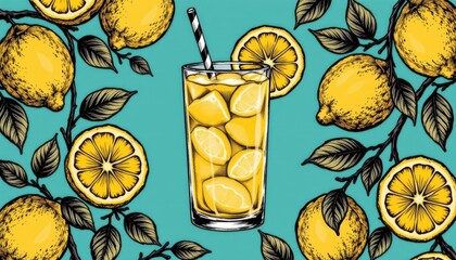 Refreshing Lemon Juice in a Glass Surrounded by Bright Yellow Lemons and Green Leaves