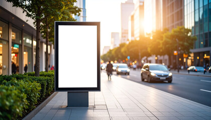Blank advertising board on modern street with traffic and buildings