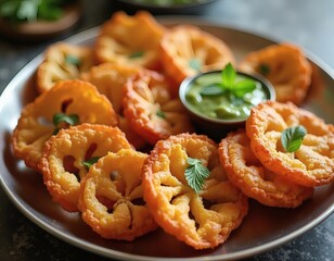 Crispy sev with turmeric and chili powder served piled high in Indian steel container