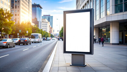 Blank advertising board on modern street with traffic and buildings