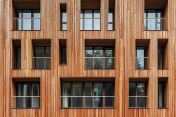 Fototapeta premium Modern building facade with wood cladding, featuring numerous recessed windows and balconies, creating a rhythmic pattern
