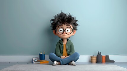 Cartoon boy sitting on floor in front of a wall