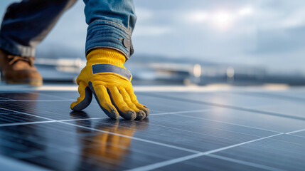 Close-up of gloved hand adjusting solar panel under daylight, representing renewable energy, sustainability, clean power and green construction themes