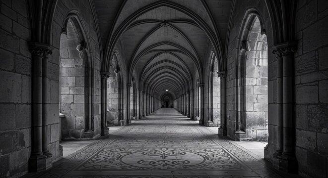 Majestic gothic architecture showcases a long corridor with arches and intricate floor patterns, creating a sense of depth and historical grandeur