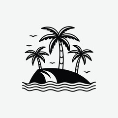 Minimalist Black and White Vector Illustration of Palm Trees, Ocean Waves, and Abstract Tropical Geometric Art