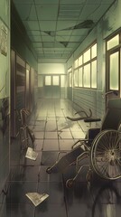 Abandoned Eerie Anime-Style Hallway: Dimly Lit Desolate Medical Interior with Ghostly Wheelchair and Urban Decay Shadows