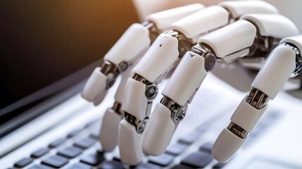 Robotic hand typing on laptop, office background, automation