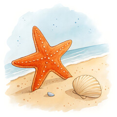 Watercolor Sea Stars Clipart Orange Starfish and Shell on Sandy Beach