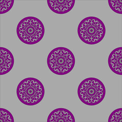 Seamless wallpapers, round damas, gray surfaces, purple flowers, vector patterns