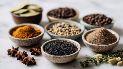 Various spices and herbs in bowls for cooking and seasoning food photography still life culinary concept