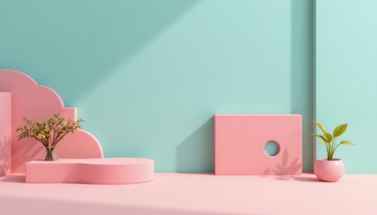 a modern interior design setting with pink flooring, geometric side tables, plant life, minimalist decorative items in shades of white and blue, and a