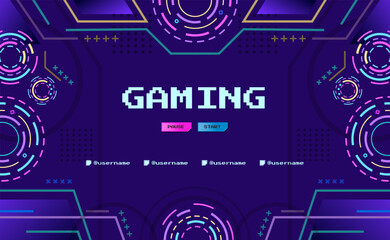 Futuristic Gaming HUD Background with Neon Interface and Social Tags
