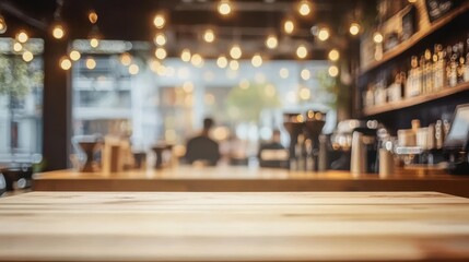 Common settings of cafe interior with a wooden table and a blurry background