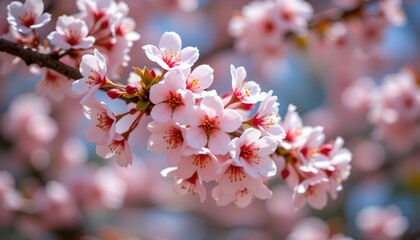 Obraz premium a branch adorned with vibrant pink cherry blossoms against a clear sky backdrop.