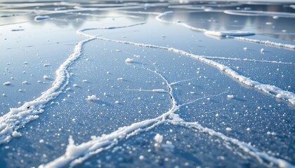 Obraz premium an ice surface with a network of cracks forming a complex pattern across it, against a contrasting dark background.
