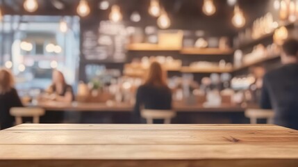 Obraz premium Common settings of cafe interior with a wooden table and a blurry background