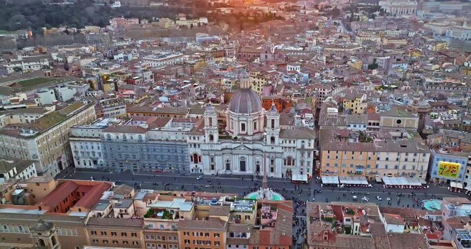 Aerial view of Piazza Navona at sunset. Rome, Italy