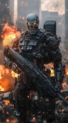 Fototapeta premium Futuristic robot soldier stands amidst urban chaos