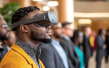 Man wearing VR headset in modern setting