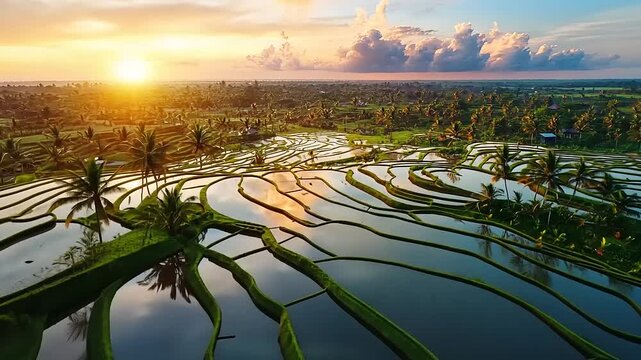 Lush green rice terraces cascade down a hillside, reflecting the golden light of sunrise. Palm trees dot the landscape
