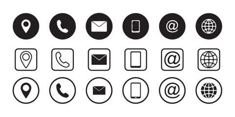 Minimal Contact Icons Pack – Line & Filled Style | Location, Phone, Email, Mobile, Web & Social Media Icons.