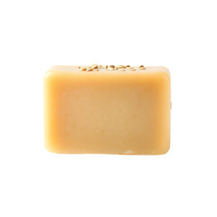 Close-up of a beige soap bar with sesame seeds on top, perfect for skincare.