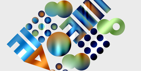 Abstract composition. Letters, circles, dots create dynamic visual arrangement. Colors blend, shapes overlap, forming modern design.