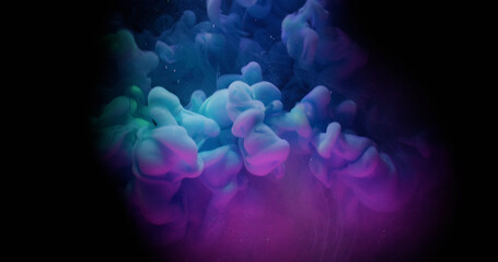 Neon smoke. Fog ink swirl. Colorful spray flow mix sparkling pigment. Blur purple fluorescent glow splash abstract black background.