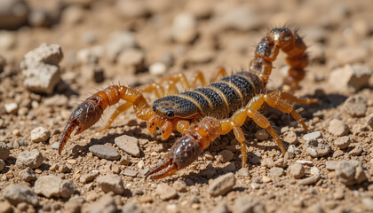 Close-up of a Striped Bark Scorpion on Arid Ground