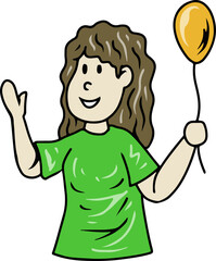 Cartoon Illustration of Woman Holding Yellow Balloon