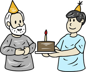 Cartoon of Grandfather and Grandson Celebrating Birthday